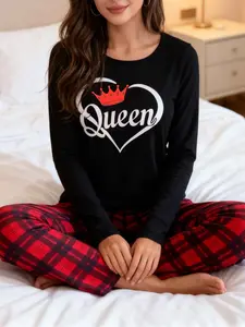 Women's Pajamas Set Queen Crown Heart Print Sleepwear, Long Sleeve Top & Plaid Pants, Soft Loungewear, All-Season Comfort, for Spring & Summer Casual Style, Pjs, Pyjamas, Casual Comfy Pajama