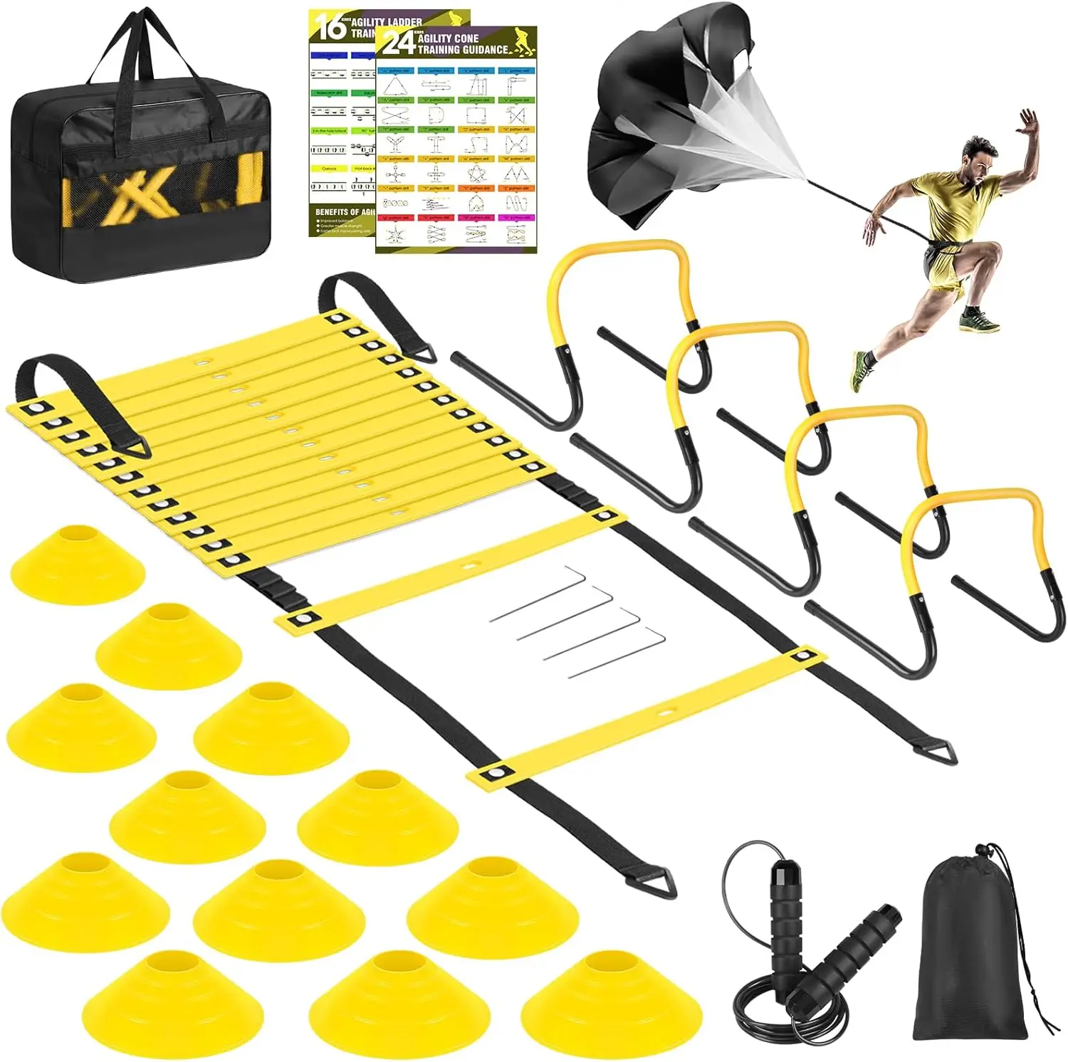 Agility Speed  Equipment Set, Football Practise Set with 20ft Agility Ladder, 12 Cones, 4 Adjustable Hurdles, Jump Rope, Parachute, for Basketball, Soccer, Football, , Youth, Adults
