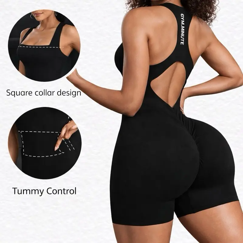 GYM MINUTE Women's Black One Size Tummy Control Compression Racerback Bodysuit