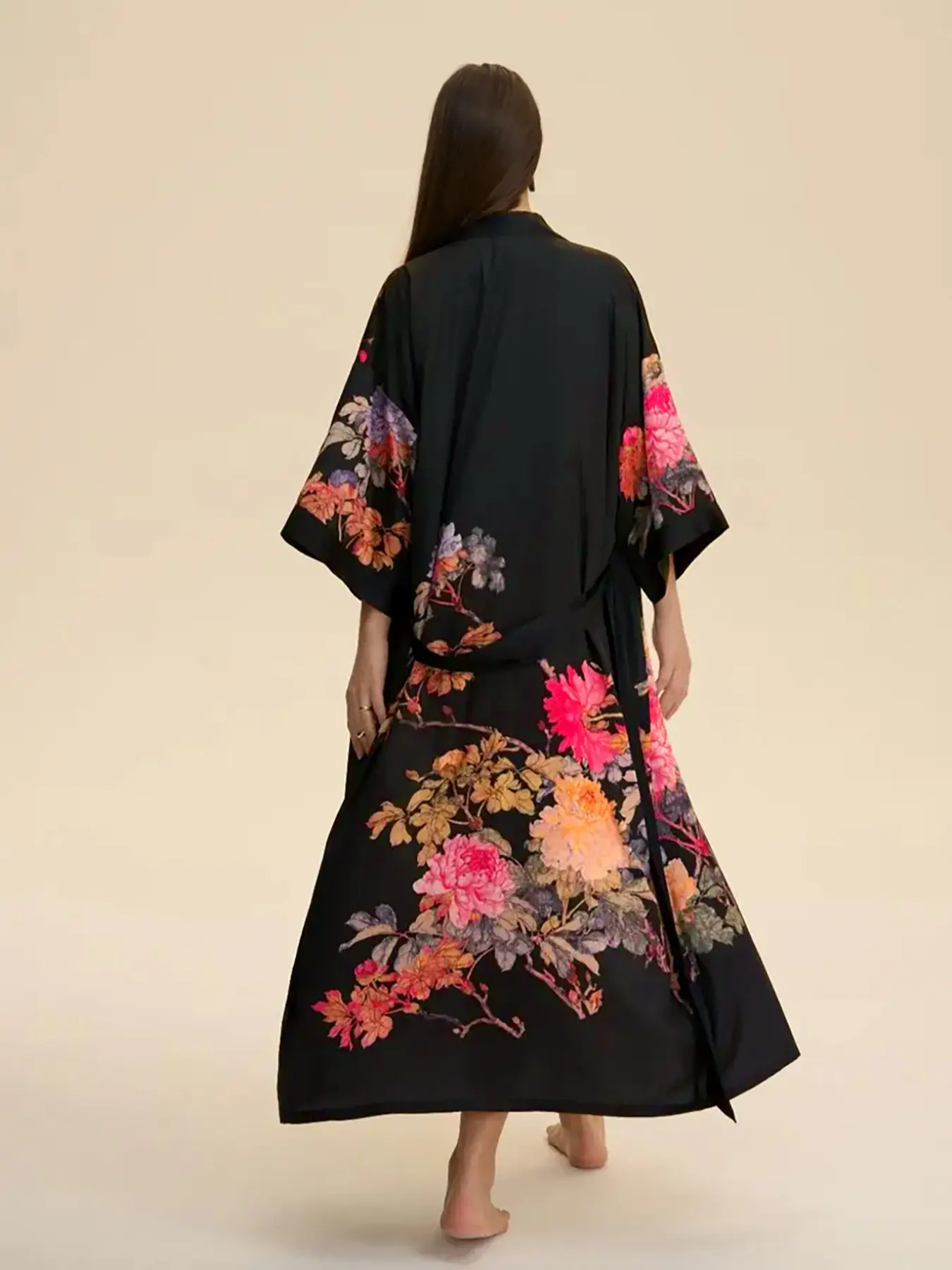 Elegant Japanese Rose Floral Print Traditional Kimono Cardigan, Long Sleeve Loose Fit Oversize Women's Outerwear, Womenswear, Party Street Style Beach Vacation Dressing Gown, Elegance