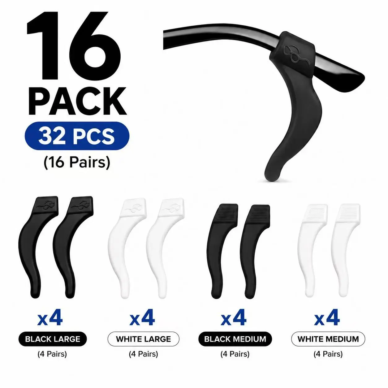 16 Pairs Unisex No-Slip Eyeglasses Ear Grips - Soft Silicone Cushion Hooks, Flexible Lightweight Replacement Retainers, Comfortable Large Party Bag Gift Accessory for Home & Festive Use