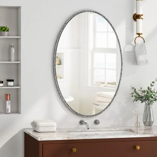 25.6*40" Oval Iron Wall Mirror - Vintage Retro Art Mirror with Antique Finish, Decorative Hanging Mirror for Bathroom, Bedroom & Living Room