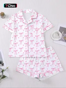【Valentine's Day】Women's Spring Summer Sleepwear Set, Casual, Bow Floral Print, Romantic Valentine's Day Gift, Comfortable Fitted Shirt Collar Top & Loose Elastic Shorts