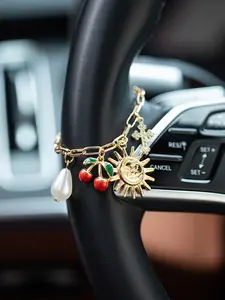 Luxury Car Steering Wheel Pendant, Alloy Chain Sun Cherry Pearl Charm, Interior Decoration Bracelet Style Vehicle Accessory, Car Ornament, Car Accessories