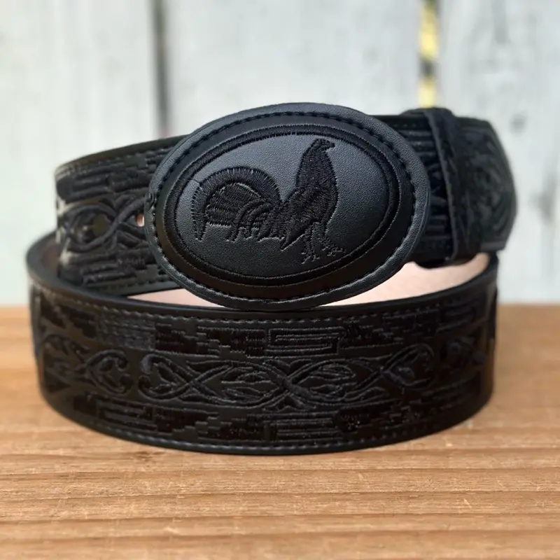Black “Gallo Negro” Embroidered 2” Wide Leather Belt with Oval-Shaped Buckle | Made in Mexico