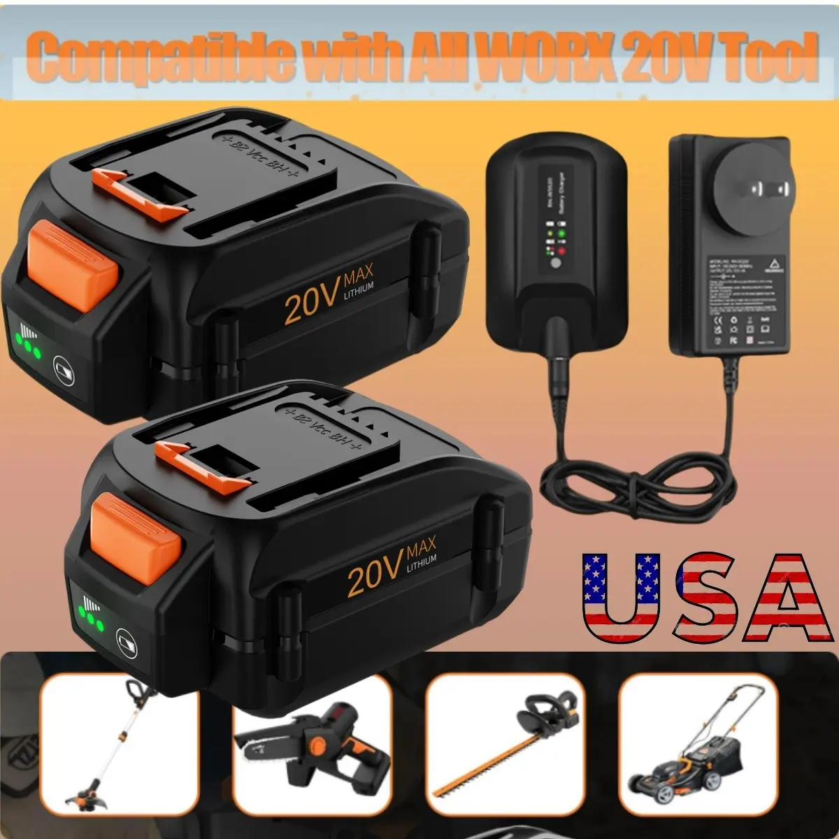 High-Capacity 20V Lithium-Ion Batteries & WA3525 Series Charger, Compatible with WORX 20V WA3520 MAX 8.0AH Tools, Low Power Consumption IC Design, Circulatory Function Power Tool Accessories