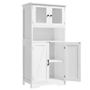 White Tall Freestanding 3-Tier Storage Cabinet with 4 Doors and Adjustable Shelves for Living Room, Bathroom