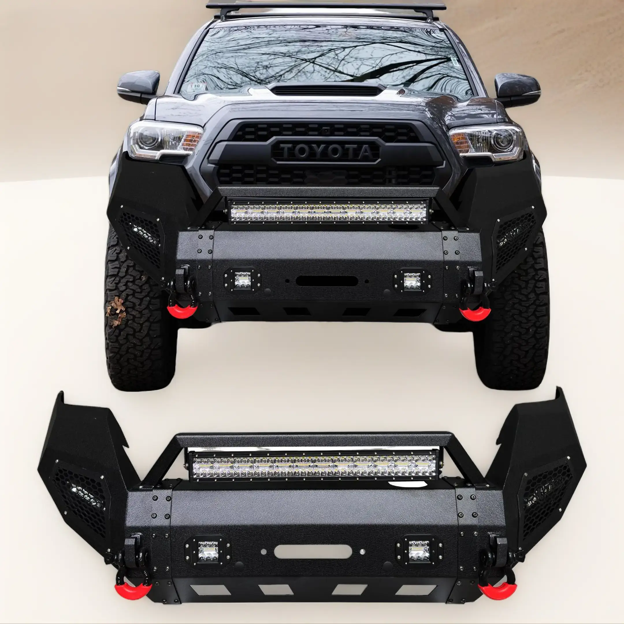 TIOYAR Black Texture Steel Front Bumper - Custom Fit for 2016-2023 Toyota Tacoma, with Winch Plate, 2 x D-Rings, D-Ring Slots, LED Lights, with LEDs, Durable, Stylish, Functional, Versatile Simple screw installation