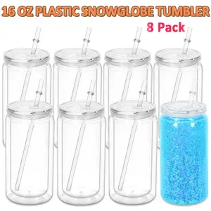 8 Pack 16 Oz plastic Snowglobe Tumblers, Double Wall Acrylic Cups with Lids and Straws, Clear Tumblers with Pre Drilled Hole for Glitter Snowglobe DIY