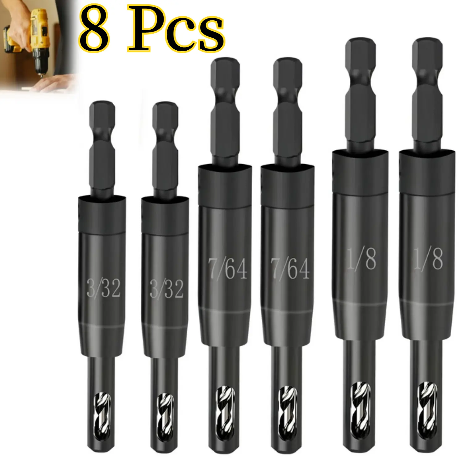 8Pcs Self Centering Drill Bit Set , CC2430 3/32", 7/64", 1/8" for 1/4 in Bosch Clic-Change Hex Shank Drill, #6 8 10 Self-Centering Hinge Drill Bit Center Finding Drill Bit - Home Improvement.