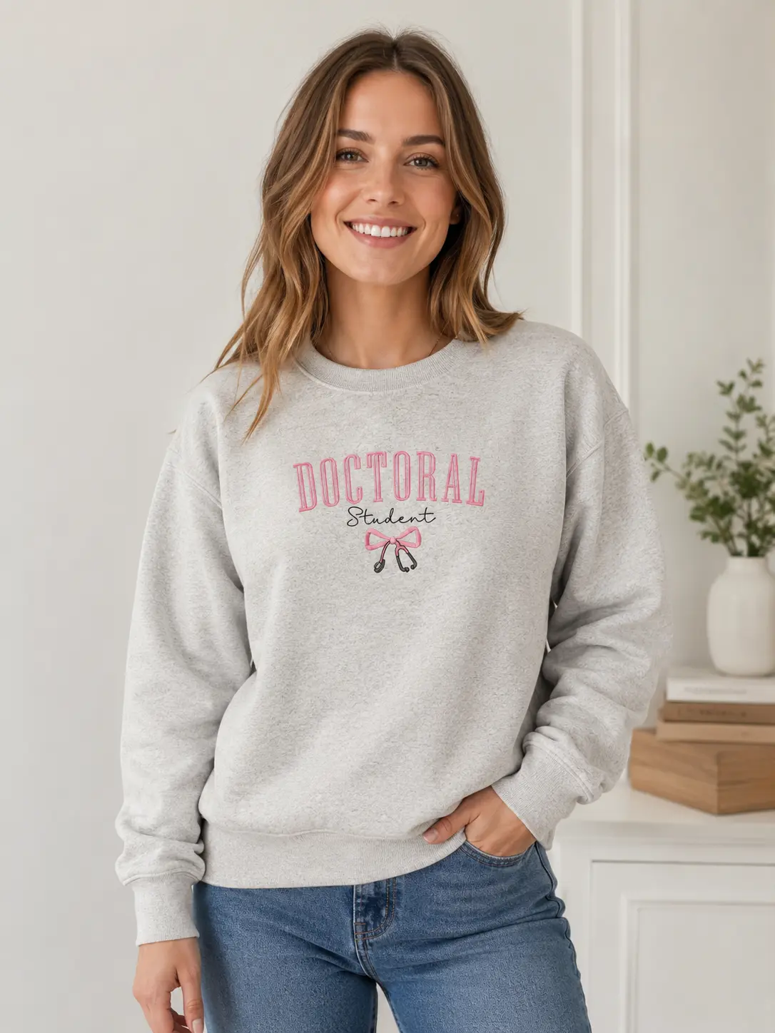 Doctoral Student Embroidered Sweatshirt | Cute Bow Stethoscope Crewneck Pullover | Medical School Student Gift Top