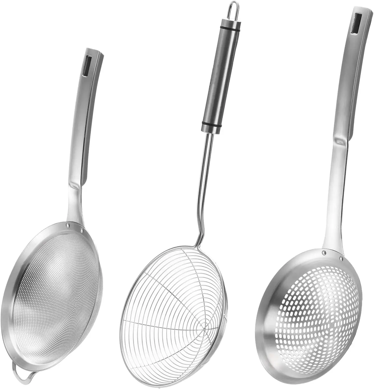 3 Pcs Spider Strainer Skimmer Spoon Set,Fine Mesh Stainless Steel Sieve Food Strainers,Large Hole Slotted Colander Frying Spoons,Strainer Ladle Wire Skimmer Spoon with Handle for Kitchen,Hand Tools Kits