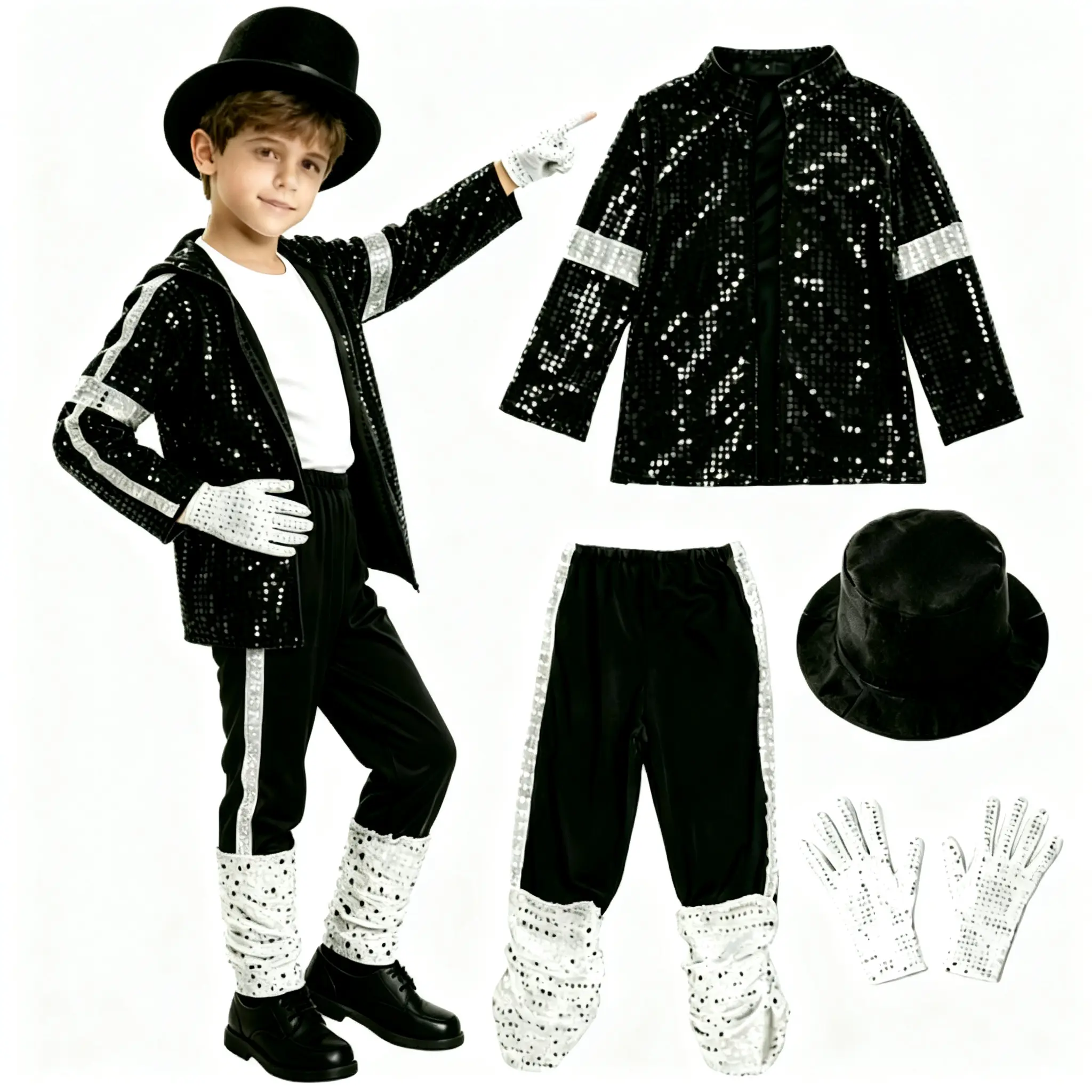Boys 80s 90s Retro Pop Star Disco Dance Costume Set, Halloween Cosplay Party Stage Outfit with Accessories