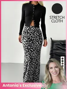 LovelyWholesale，Women's Spring Fashion Solid Color Knit Cardigan Top Leopard Print Half Skirt Two-Piece Set, Casual Slim-Fitting