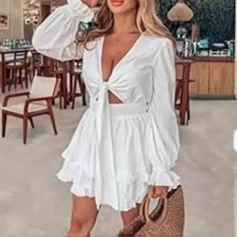 V-neck Ruffled Slimming Long Sleeves Short A- Line Dress V-neck Ruffled Slimming Long Sleeves Short A- Line Dress