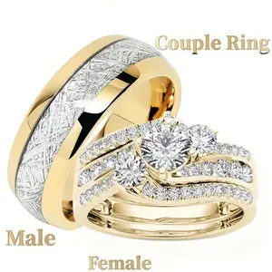 1pc romantic stainless steel couple rings with heart zircon-perfect wedding, engagement or anniversary gift