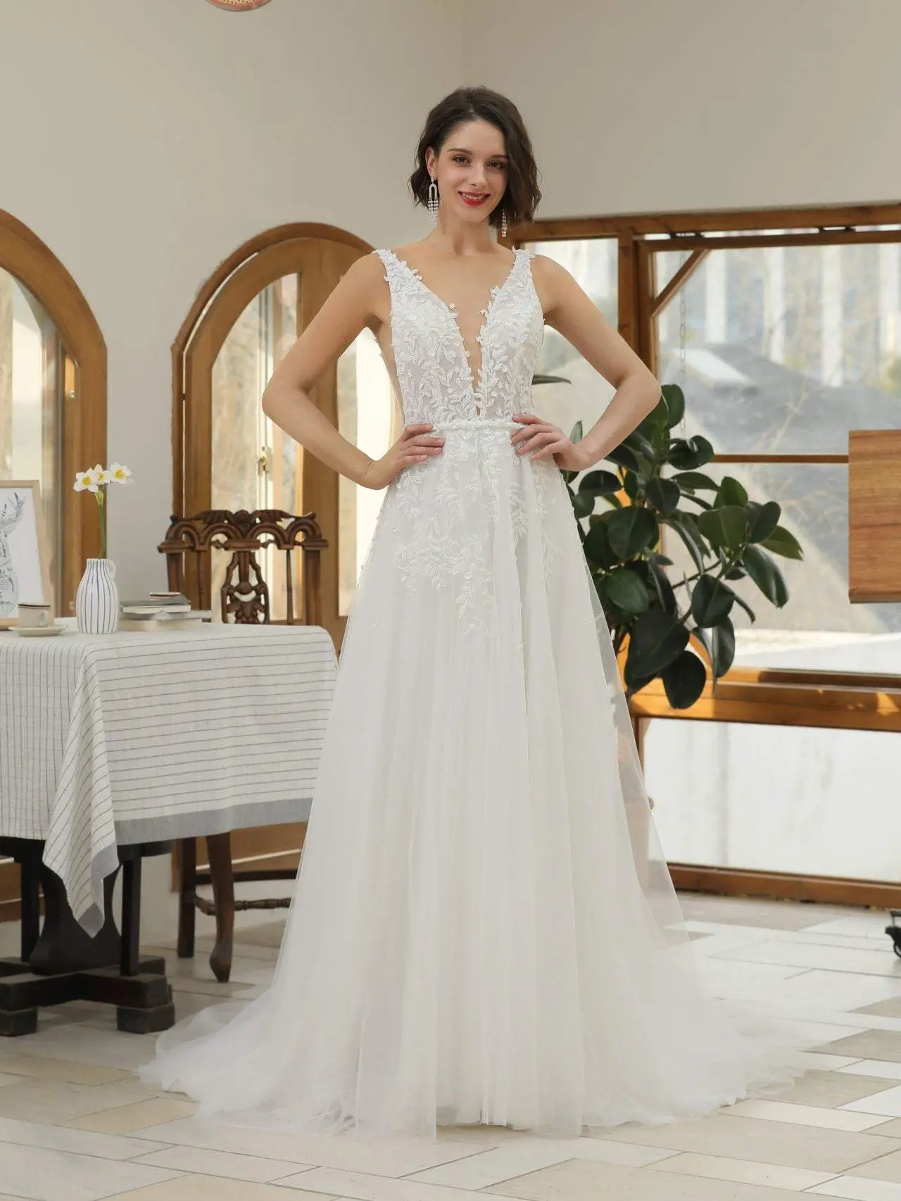 Plus Size A-Line Wedding Gown in Beaded Lace and Tulle with a Sleeveless Plunge Neck, Side Cutouts, and Elegant Chapel Train, Women's Fashion, Elegant Dresses, Formal Wear, Zipper, Wedding Inspo