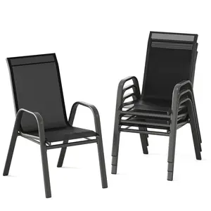 Patio Chairs Set of 4, Outdoor Stackable Dining Chairs with Textilene Fabric, All-Weather Deck Stacking Chairs with High Back for Backyard Poolside Garden Balcony, Black