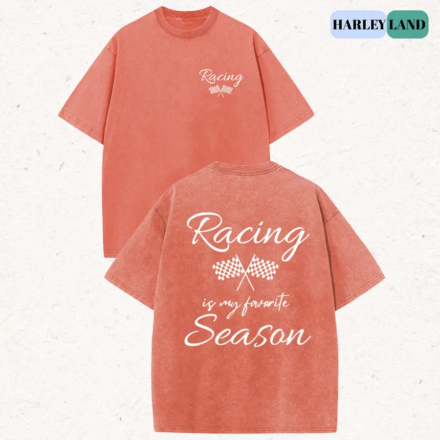 Harley Land 100% Cotton "Racing Is My Favorite Season" Womens Acid Washed T‑Shirt Retro Dual‑Side Checkered Flag Graphic Printed Unisex Fashion Tees Summervibes Casual Top 2026
