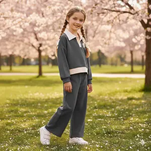Little Girls' Essential 2-Piece Outfit Set Ages 4-7 Soft Breathable Spring Autumn Tracksuit Dark Grey Pink Collared Sweatshirt Matching Flare Pants Tiktok Viral Style