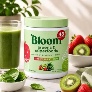 Bloom Nutrition Edible Natural Greens & Superfoods Powder, Strawberry Kiwi Flavor, 10.24oz (0.5 lbs), Certified Organic, Non-GMO, Allergen-Free (Gluten-Dairy-Soy), Enzyme Rich, Gut Support, 48 Servings, Energy-Boosting Health Dietary Supplement