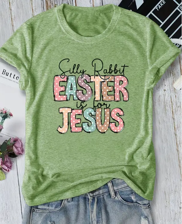 Silly Rabbit Easter Is For Jesus Doodle Polka Dot Print Heather Green Crew Neck Casual Short Sleeve Christian Easter Graphic T-Shirt