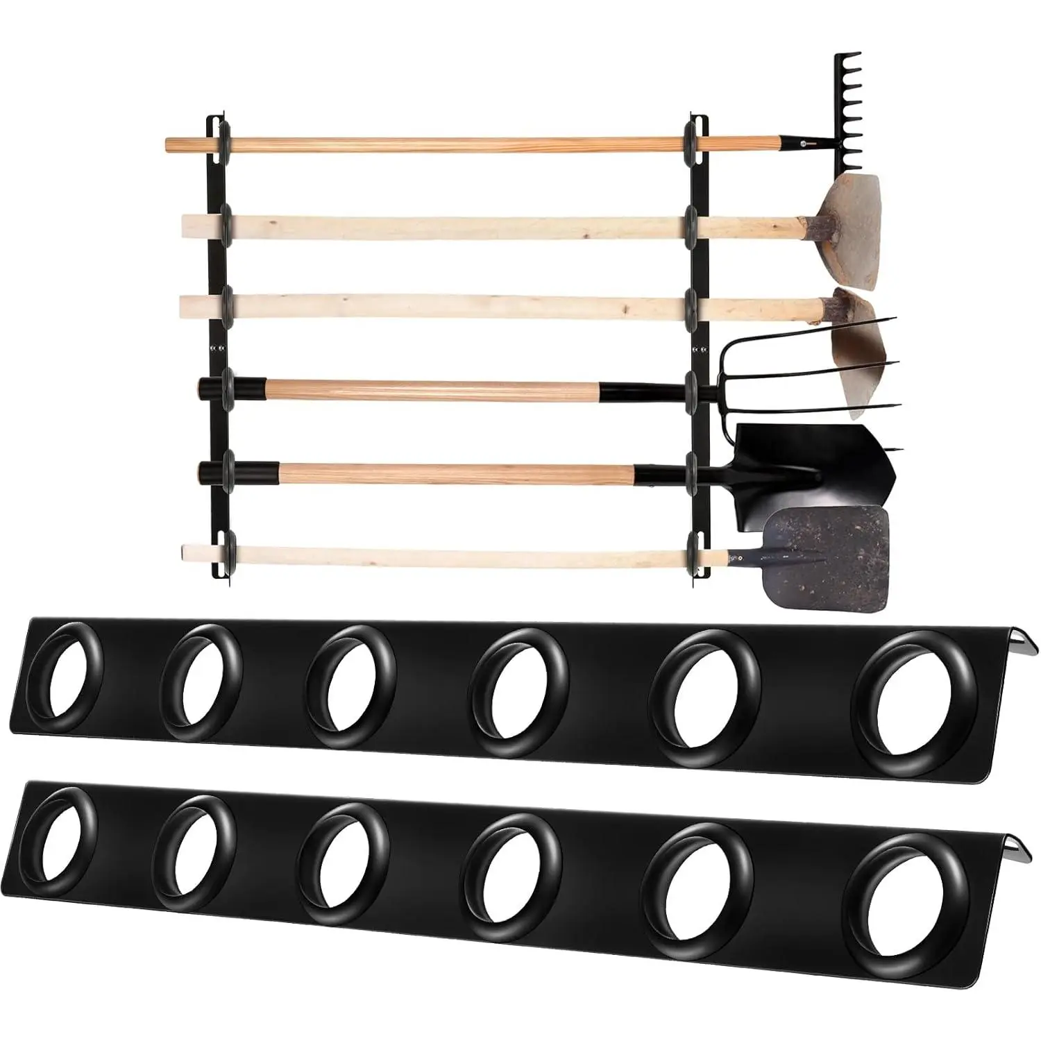 Dunzy Black Steel Frame Landscape Trailer Rack - 4 Sets, 6-Tool Capacity, Tool Holders for Lawn Equipment, Truck Beds, Includes Mounts, Rubber Grommets & Mounting Hardware Accessories