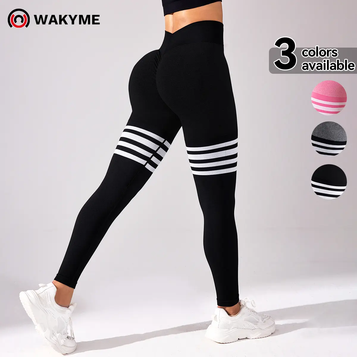 WAKYME V-Back Side-Ribbed Scrunch Butt Stripe Print Leggings, Skinny Trousers with Bold Stripes & Modern Fit, Womenswear Casual and Fashion Bottom, Chic Style Leggings, Breathable Fabric