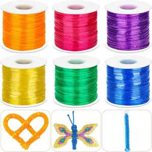 6 Pack Lanyard String Kit, Plastic Lacing Cord Gimp String Weaving Kit for Boondoggle, Bracelets, Keychains, Crafts (Glitter)