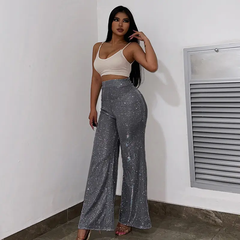 Velius Women's Sexy Metallic Sparkly Wide Leg Pants Trousers Night out Party Pub Clubwear