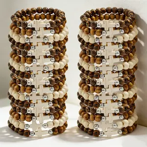 32Pcs Unisex Vintage Multi-Layer Beaded Bracelet - Elastic Wood Bead Cross Beads Religious Symbol, Multi-Item Party Favor Packs Layered Stackable for Daily Wear & Vacation, Wood Gift Suitable for Birthdays, Parties, Travel