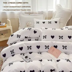 3pcs Heart and Bow Print Bedding Set, Includes 1 Ruffled Duvet Cover and 2 Pillowcases, Zipper Design, Soft Fabric, All Seasons