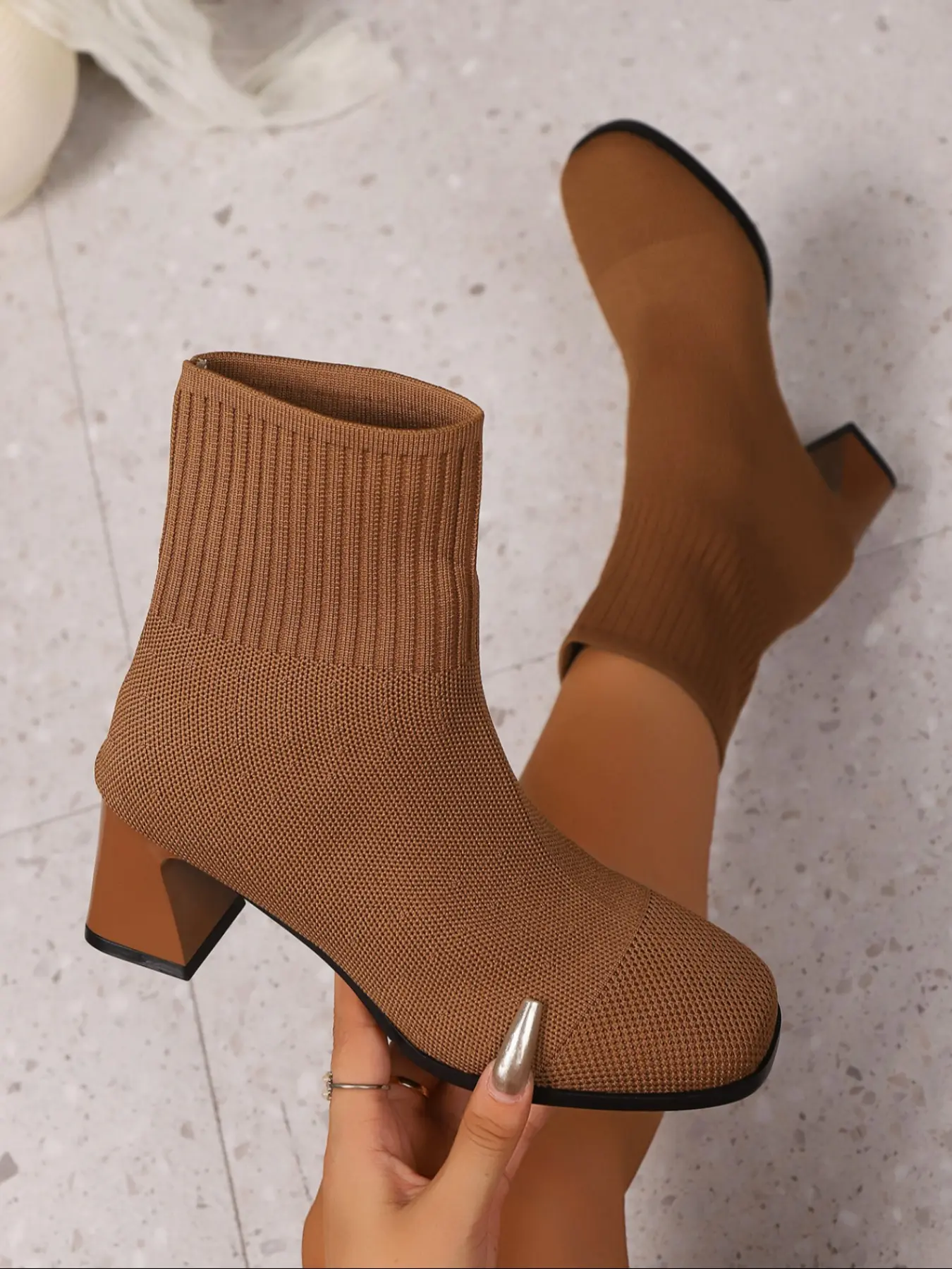 New Knitted Short Boots for Women, Chunky Heel Design, Simple Versatile Fashion Sock Boots, Sexy PU Leather over Knee Shoes