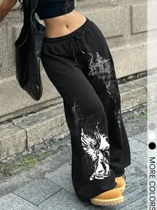 Women's Gothic Streetwear Wide-leg Sweatpants, Y2K Dark Punk Angel Gothic Print, Elastic Drawstring Waist & Pig-nose Cuffed Ankles, Comfortable & Stylish for Fall & Winter, Sporty Casual Pants, Casual Loose Pants, Casual Loose Baggy, Casual Bottom