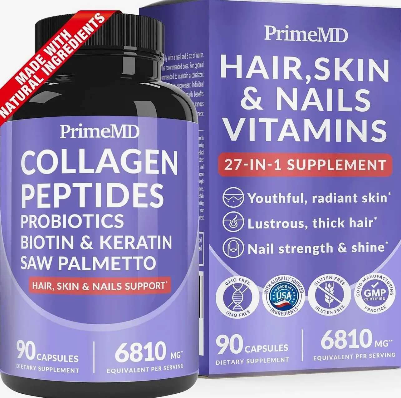 27-in-1 Hair Skin and Nails Vitamins (6810mg) with Biotin 10000mcg - Collagen Supplements for Men and Women - Keratin Supplements with Probiotics and Saw Palmetto, 90ct