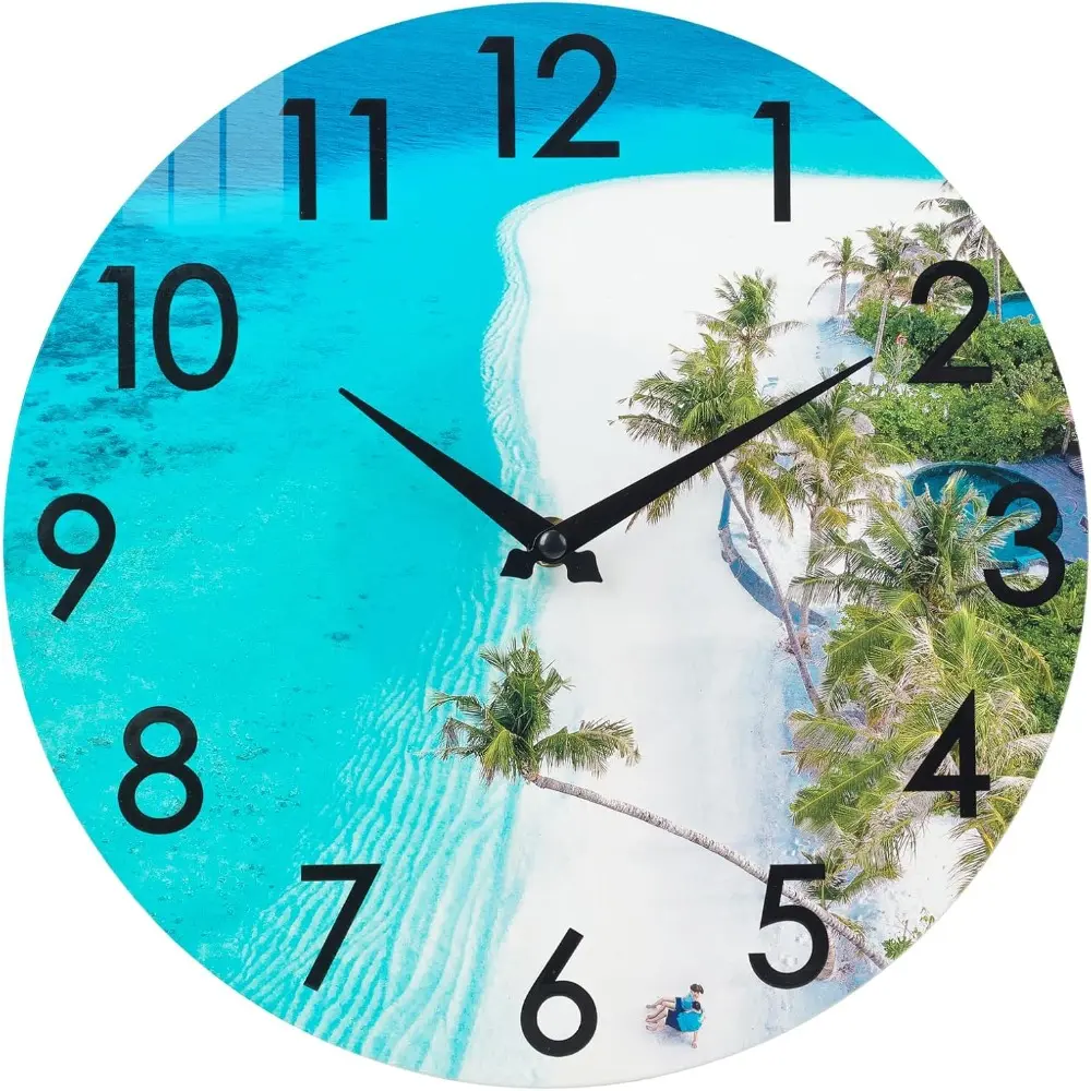 Modern Outdoor Wall Clock - Waterproof, Hangable, Non-Rusting Copper Shaft, Aluminium Construction, Aqua Tropical Palm Design Decoration for Patio, Bathroom Home Decor