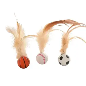 Sports Themed Cat Interactive Toys, Silent High Bounce EVA Foam Ball with Feather Teaser, Soccer Basketball Baseball Design Chew Play Balls, Safe Lightweight Pet Exercise Toys for Kitten Indoor Chasing Playing and Daily Activity Training