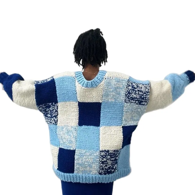 Hand Knitted Blueberry Patchwork Sweater - Unisex Fitted Casual Sweater in Blue and White Patchwork Design