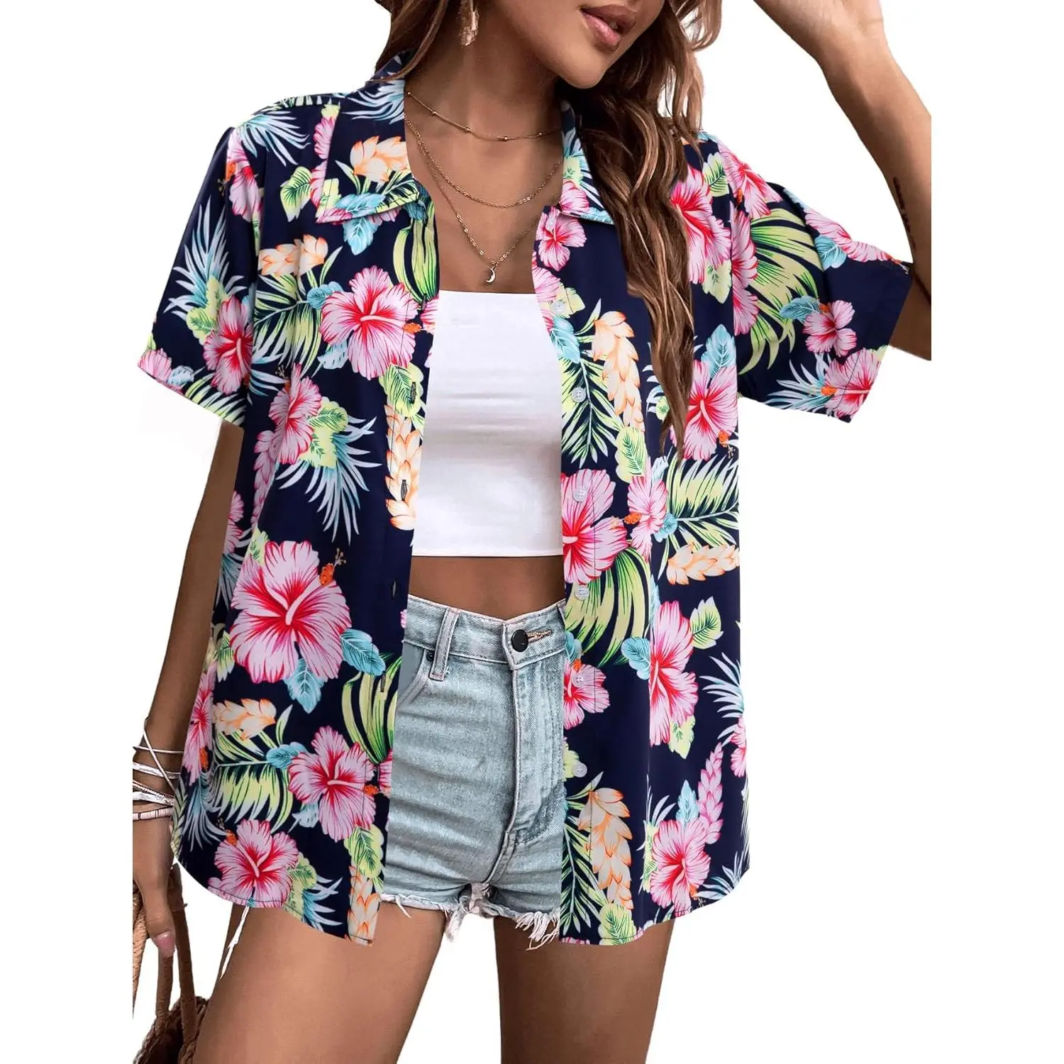 Women Hawaiian Shirt Soft Cool Summer Hawaii Shirts Floral Tropic Print V Neck T-Shirt Short Sleeve Button Up Tops