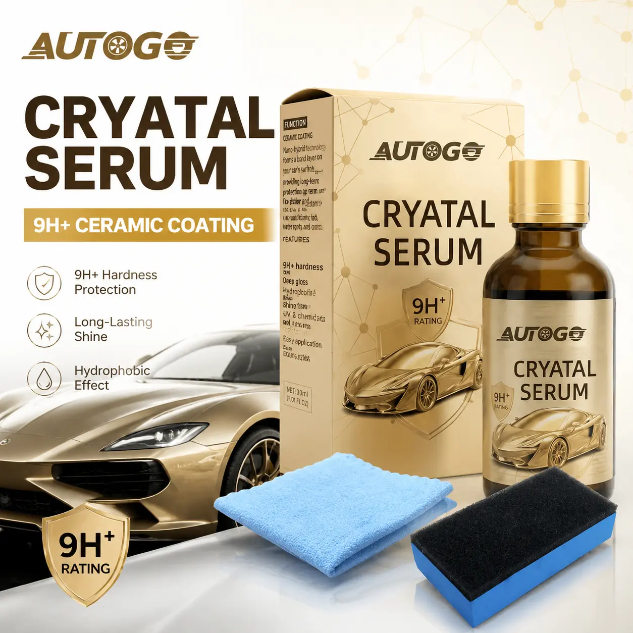 AUTOGO 9H+ Hardness Crystal Serum Nanotechnology Protective Coating Kit - Car Paint Care Polishing Kit, Hydrophobic Sealant, DIY Mirror Shine, UV/Scratch Resistant, Includes Applicator & Microfiber Cloth, Enhances Depth, Nanotechnology Coating