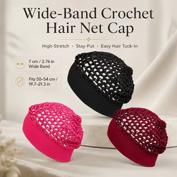 Wide Brim Crochet Hair Net Cap for Women, 2 Pack High Elastic Non-Slip Headband, Mesh Hair Cover for Bun Braids Locs Long Hair, Boho Festival Daily Style