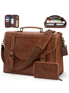 Men's Vintage PU Leather Messenger Bag, 15.6 Inch Laptop Briefcase, Retro Computer Bag with Wallet, Shoulder Crossbody Bag, Travel Essentials, Strap