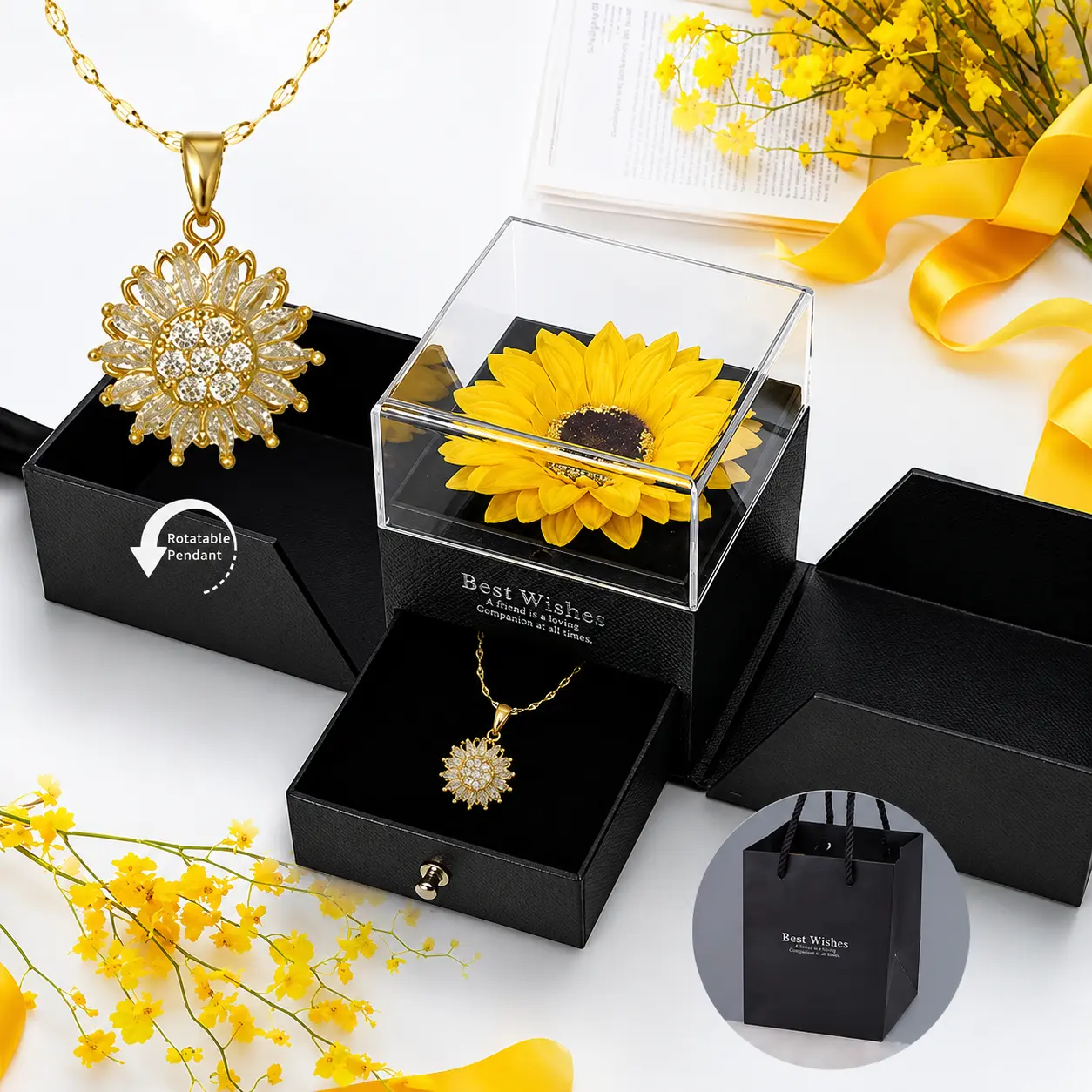 Rotating Sunflower Pendant Necklace Set, You are My Sunshine Sunflower Gifts for Women Mom Wife Daughter Girlfriend Sister Aunt, Fashion Exquisite Chain Necklace with Gift Box for Birthday Anniversary Mother's Day Wedding Xmas Present for Daily Wear