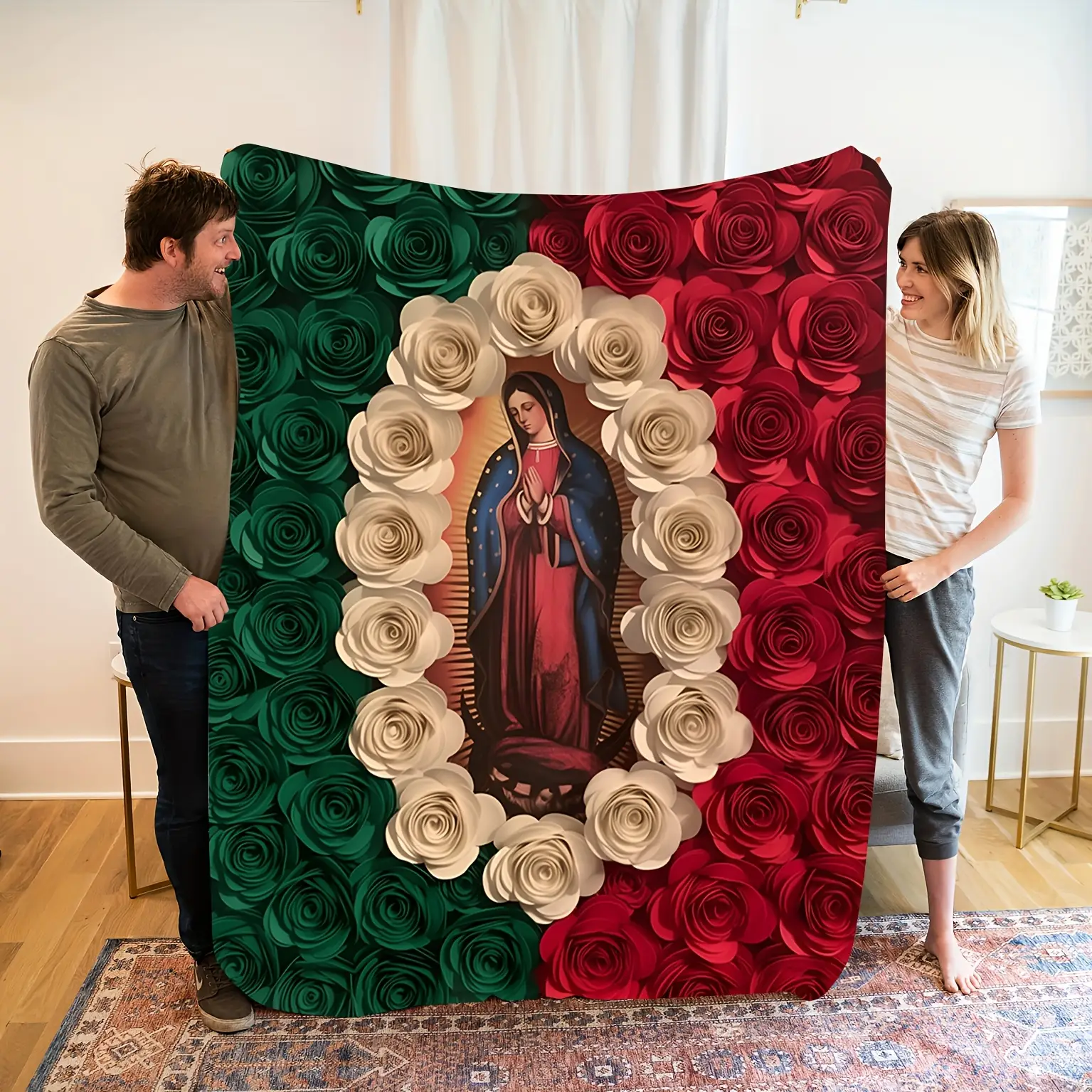Virgin Mary and Rose Flannel Blanket - Comfortable All-Season Bedding, Suitable for Napping, Camping, Travel - Colorful Mexican Flag Design, Tear-Resi