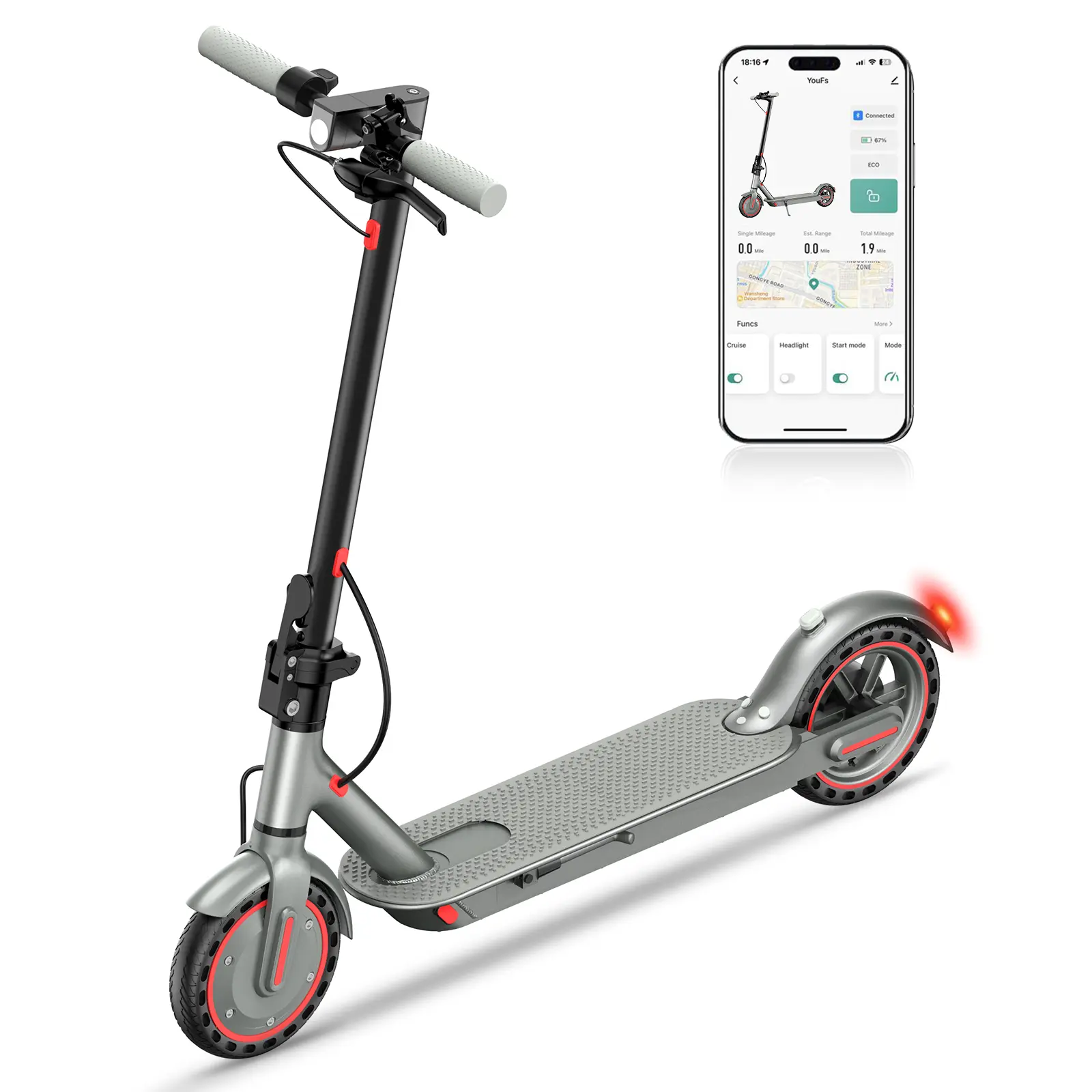 19MPH Max Speed D8 Pro Electric Scooter 8.5-Inch Explosion-Proof Tires 350W Brushless Motor 7.8Ah Battery 3 Speed Modes Foldable Portable Front Rear Lights City Commuter App Smart Control