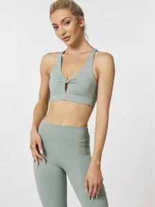 Women's Solid Twisted Crop Sports Bra & High Waist Leggings Set, Sporty Casual Breathable Comfortable Two-piece for Yoga Gym Workout Running, Ladies Sportswear for All Seasons