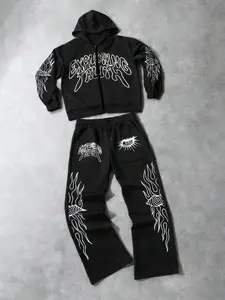 Men Women Evil Corning Gothic Print Two-Piece Set, Mystery Eye Flame Pattern, Soft Comfortable Fabric, Streetwear Casual