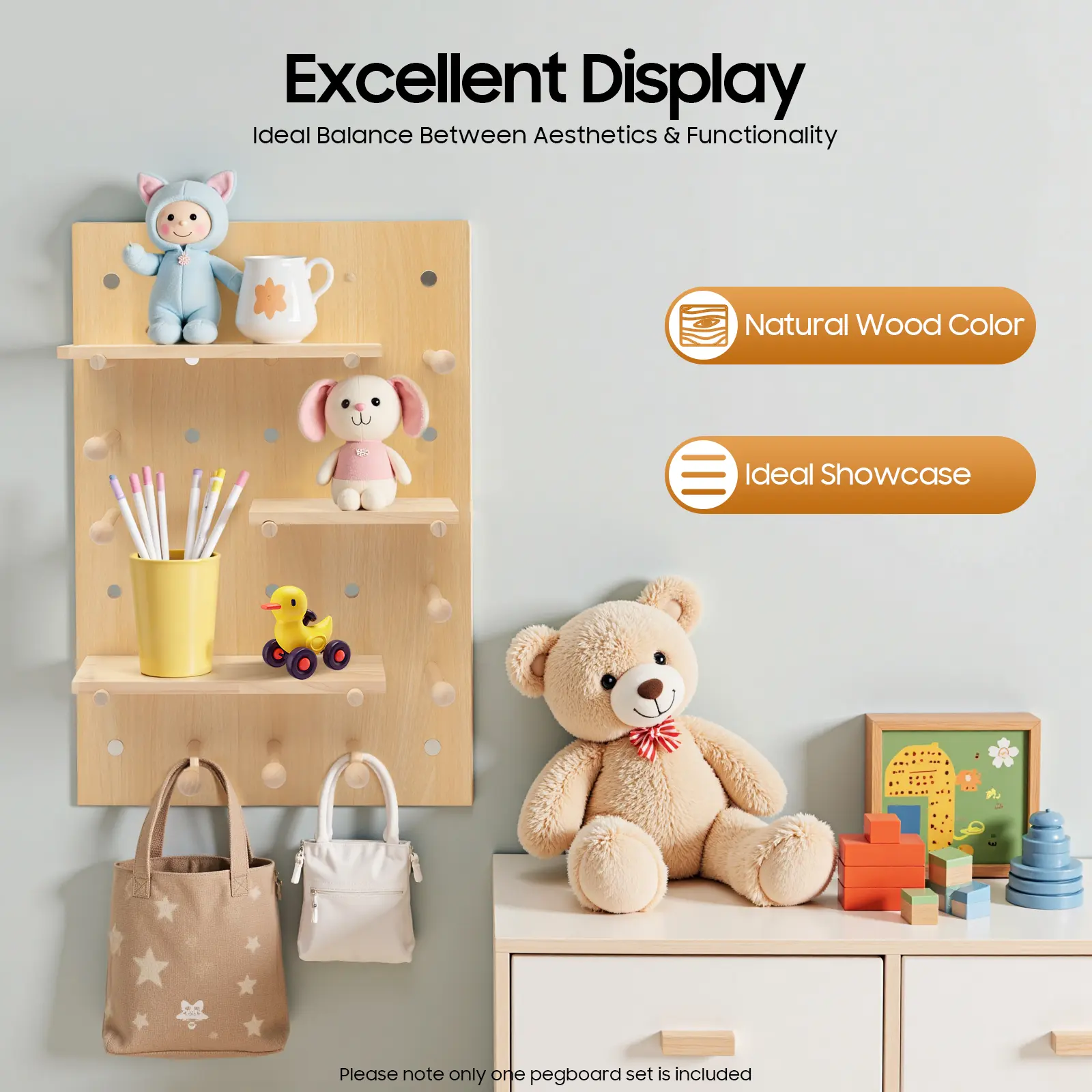 Wood Pegboard (23.62x15.75in Wall Mount), 22Lbs Load Capacity with Free Combination Shelf Hooks for Home Office Storage, Decor & DIY Aesthetic Display, Shelves