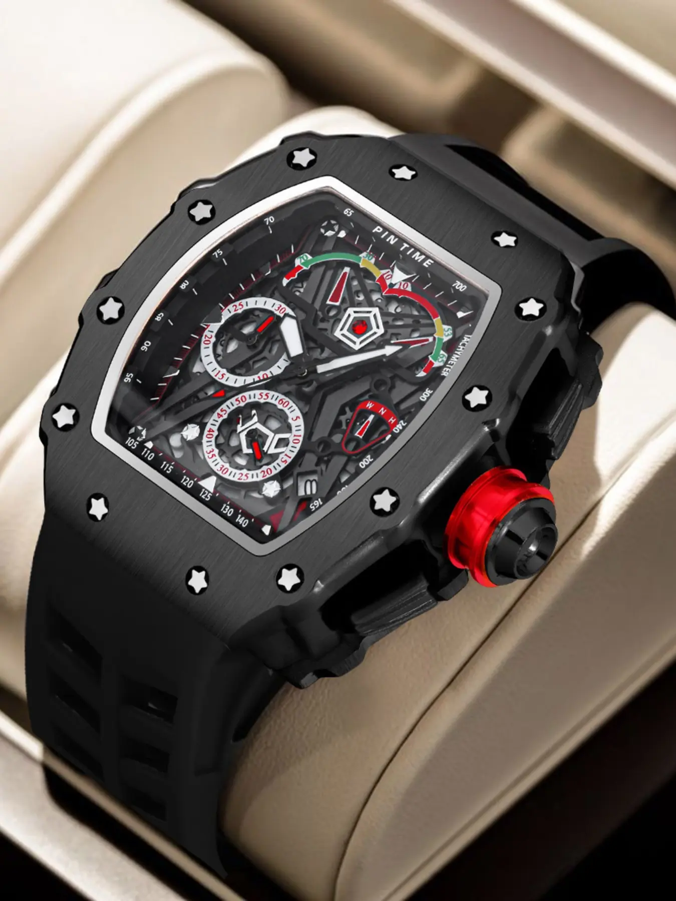 Men's Quartz Watch Barrel Shape Decorative Six-Hand Mechanical Style Colorful Graffiti Hollow Trendy High-End Casual Calendar Waterproof Street Trend Watch