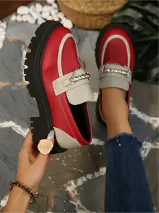 Plus-size women's new all-season round-toe color-blocked loafers with metal buckle decoration, thick sole and chunky heel, suitable for everyday wear, Casual Wear Shoe, stylish, simple, comfortable, and versatile slip-on shoes Footwear